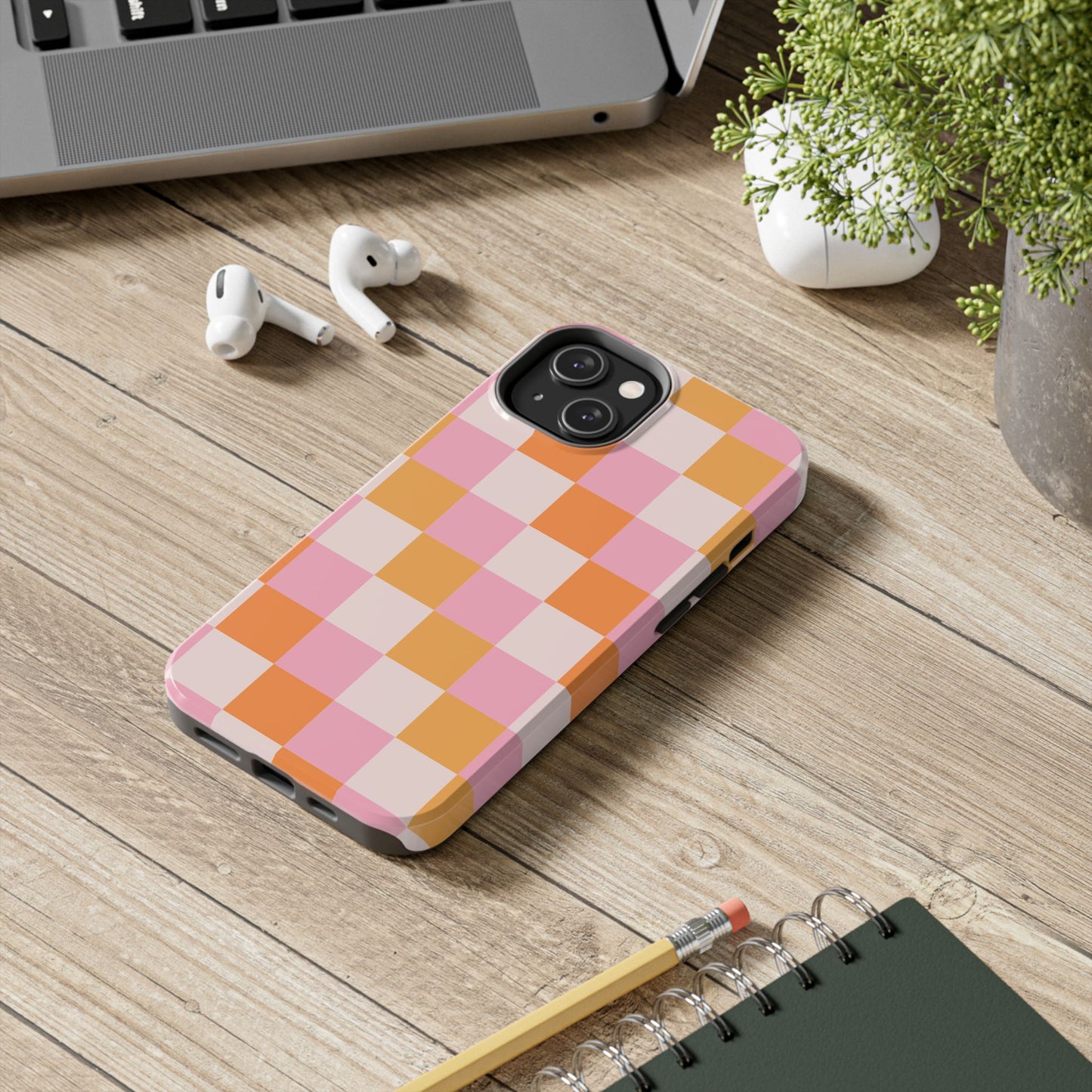 CHECKED ORANGE PINK WHITE-Tough Phone Cases