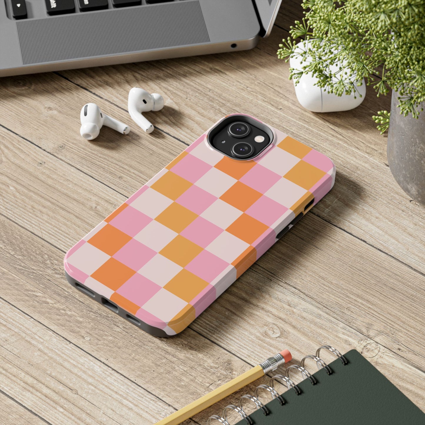 CHECKED ORANGE PINK WHITE-Tough Phone Cases