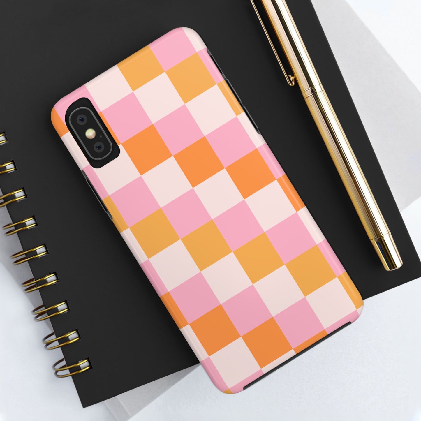 CHECKED ORANGE PINK WHITE-Tough Phone Cases