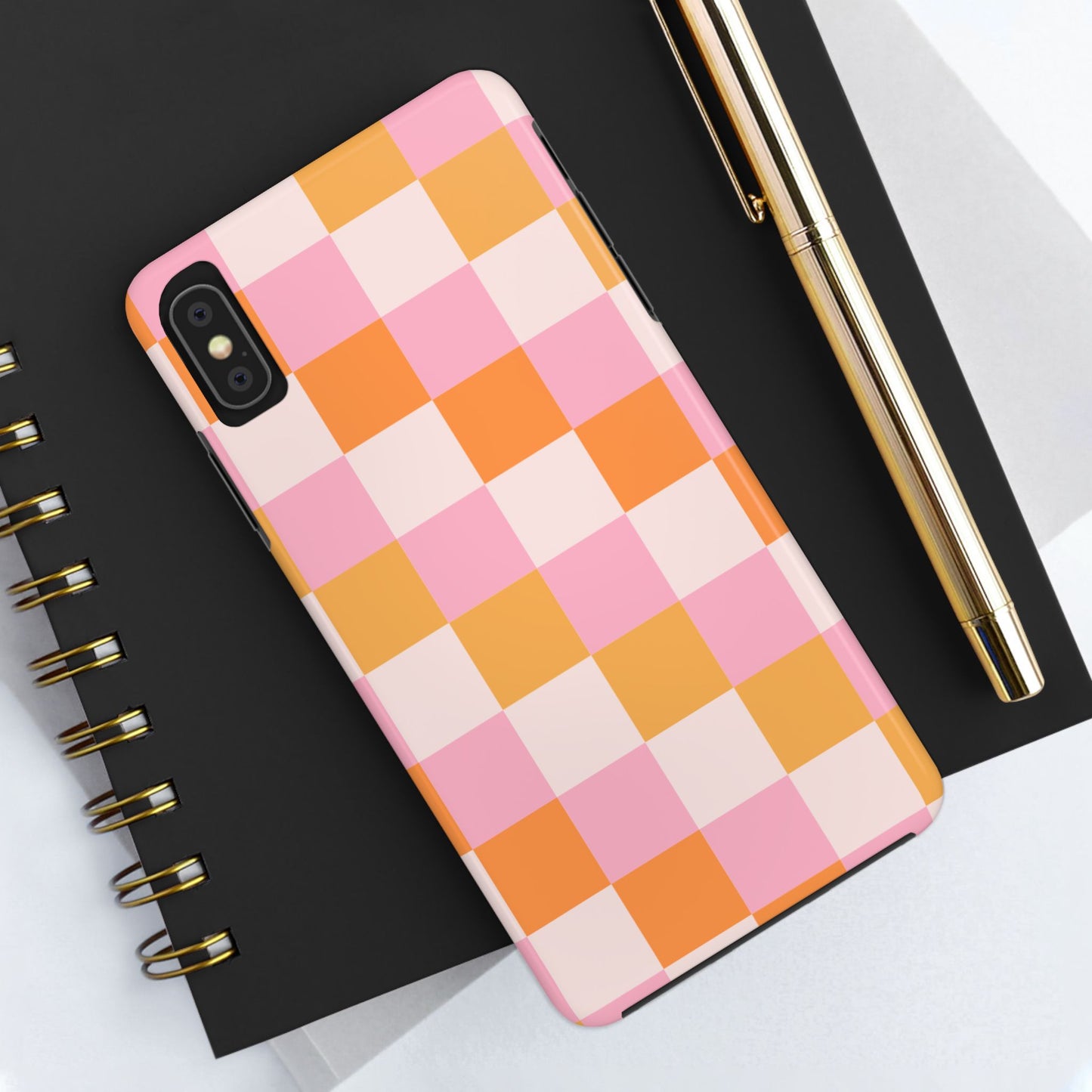 CHECKED ORANGE PINK WHITE-Tough Phone Cases